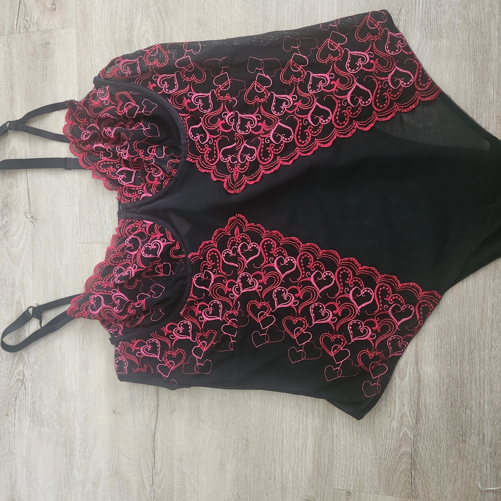 Torrid Black and Pink Heart Lace Bodysuit
